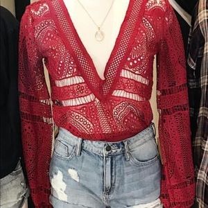 Blue Blush Red crochet long sleep body suit